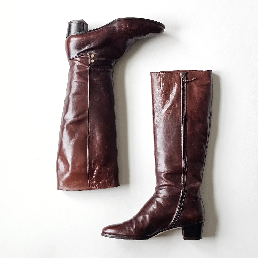 Vintage Salvatore Ferragamo Tall Leather Boots Cognac Brown Riding Italy 7.5 B
